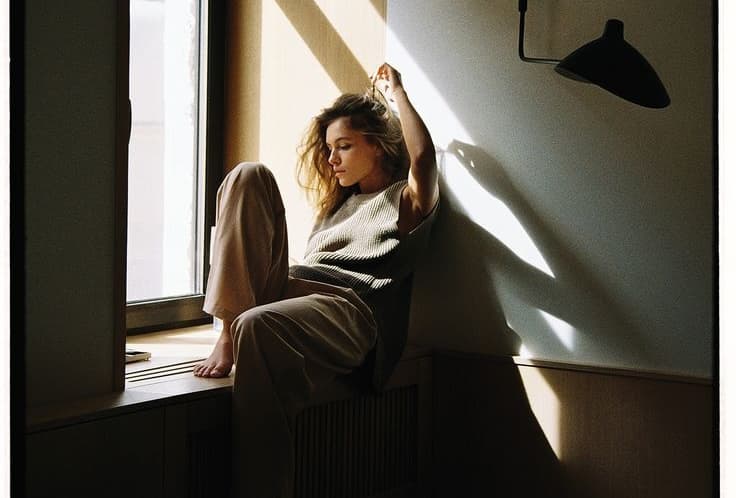 Woman sitting on a windowsill, bathed in sunlight, wearing casual clothes, with one hand raised, and a wall lamp nearby.